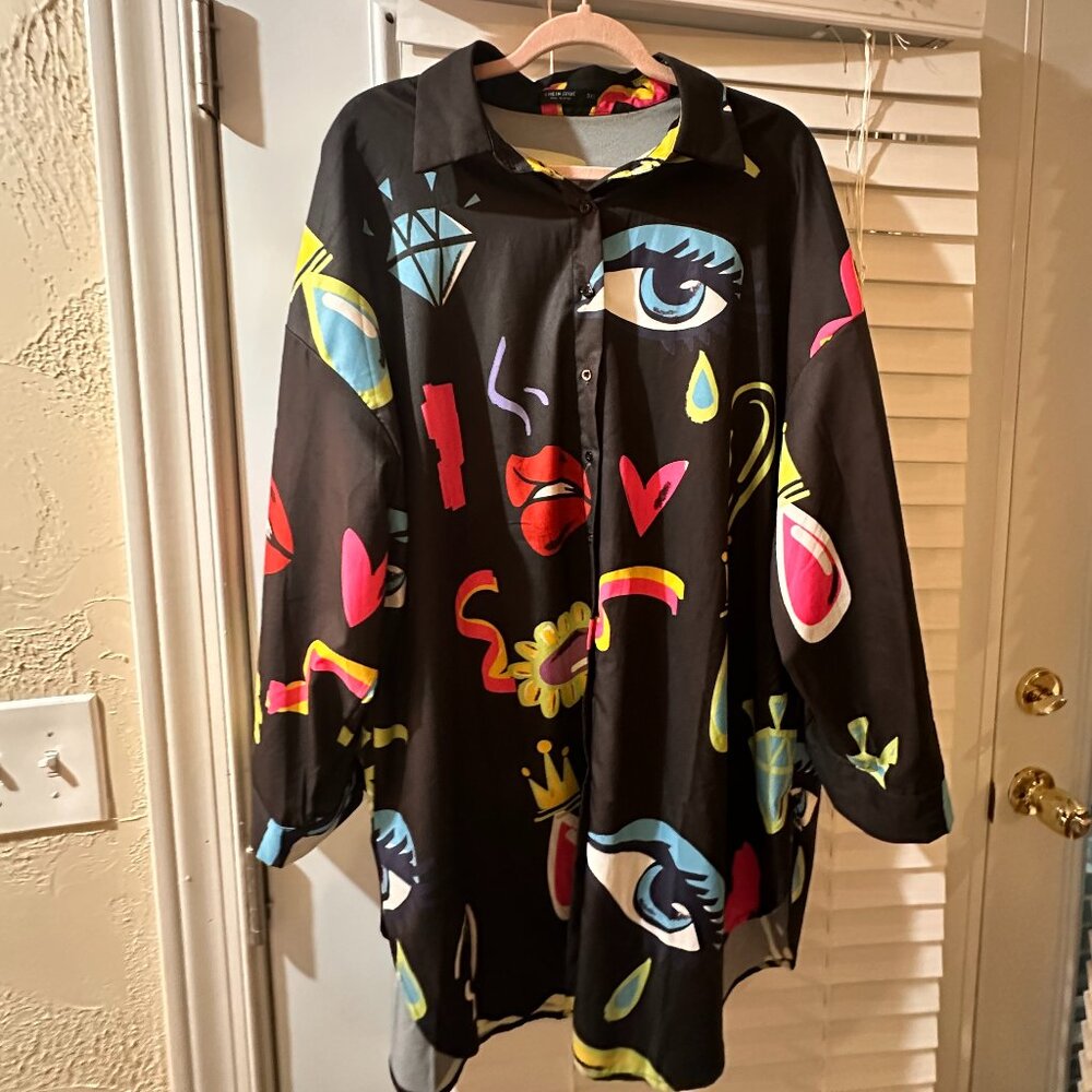 oversized graphic button down shirt